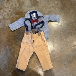 0-3 month Cat and Jack- Blue Plaid Shirt with Tan Pants and Bow Tie